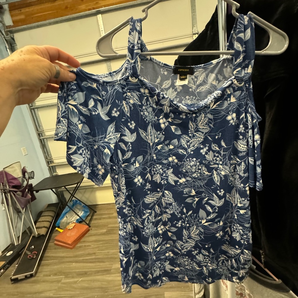 Blue country floral silky material kind of size large Espresso brand